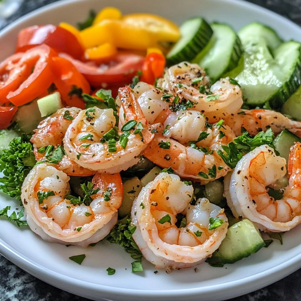 Fresh shrimp salad with mixed greens and colorful vegetables
