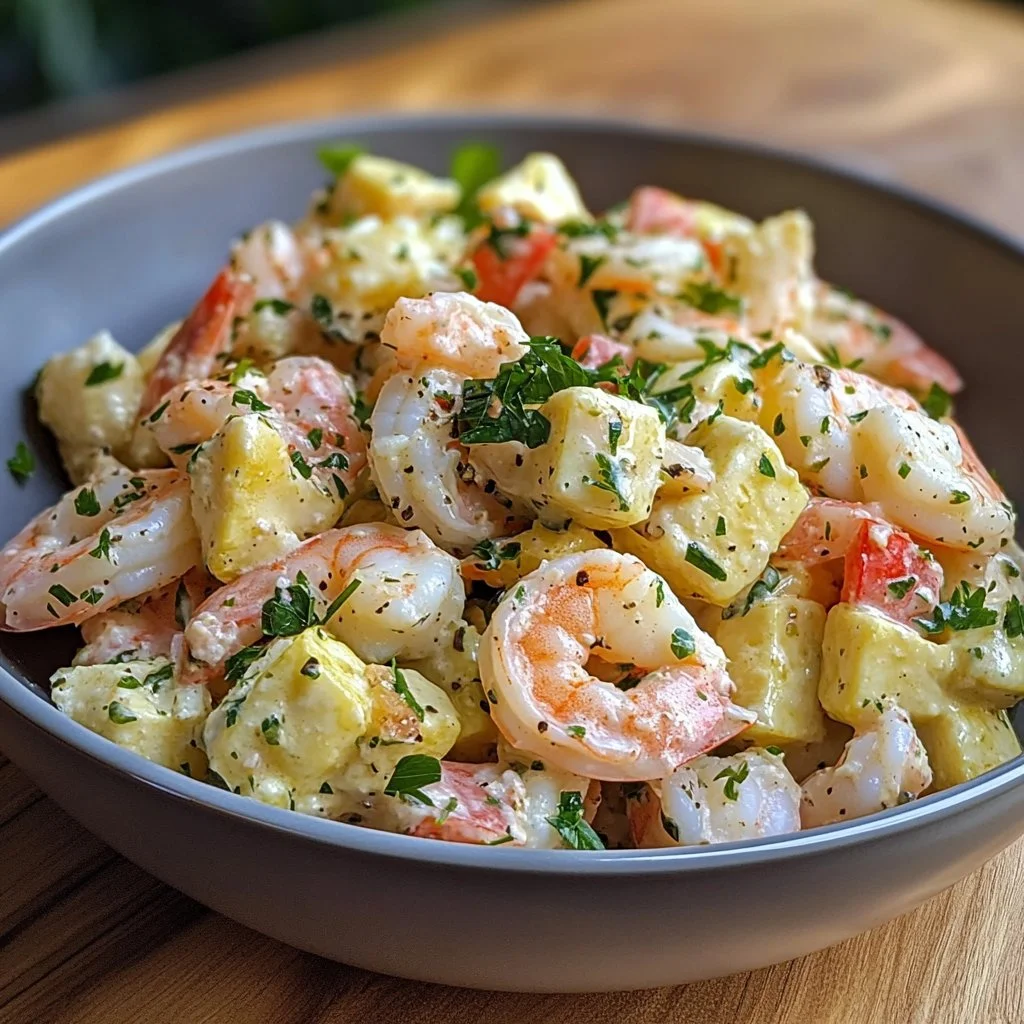 Colorful shrimp salad with fresh vegetables and dressing in a bowl