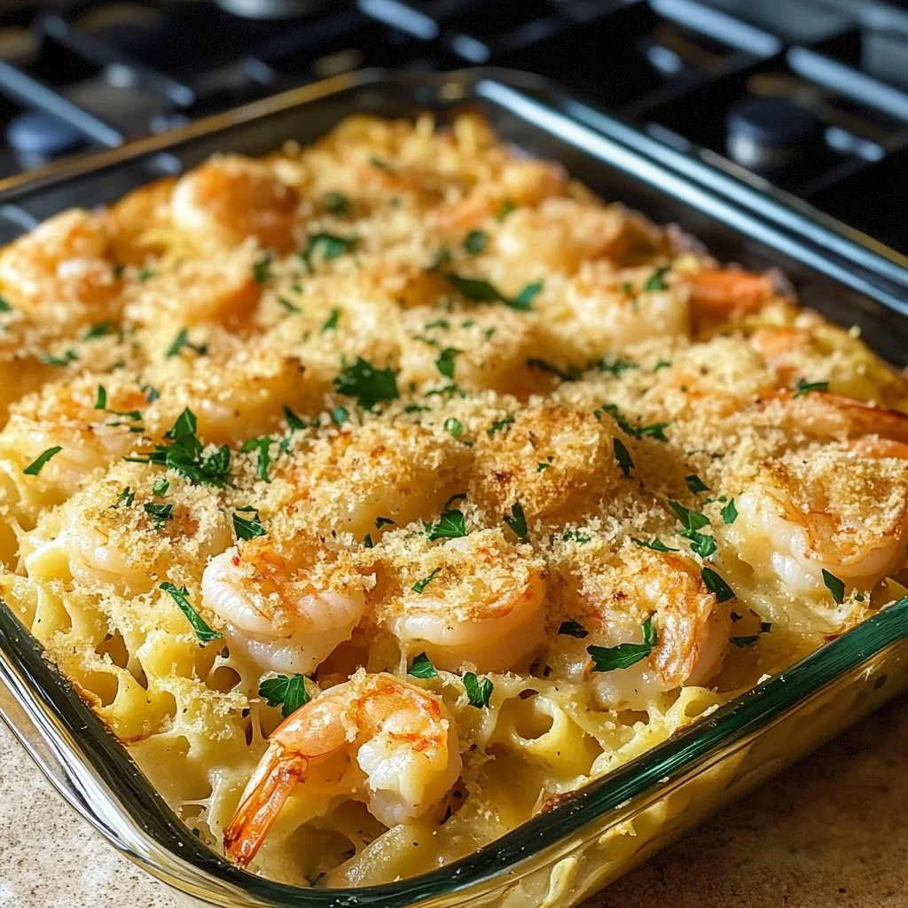 Shrimp Scampi Pasta Bake with shrimp and creamy pasta in a baking dish