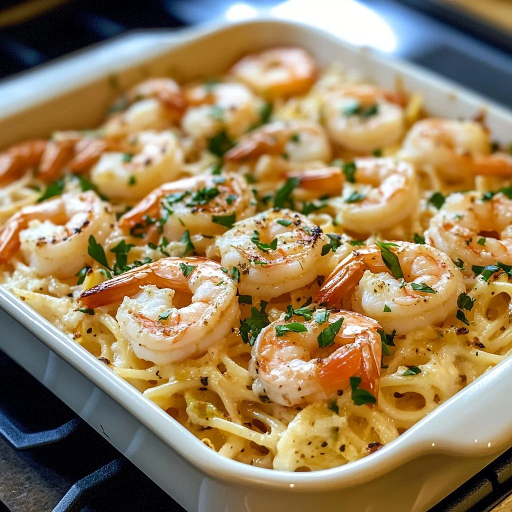 Baked Shrimp Scampi Pasta topped with herbs and cheese