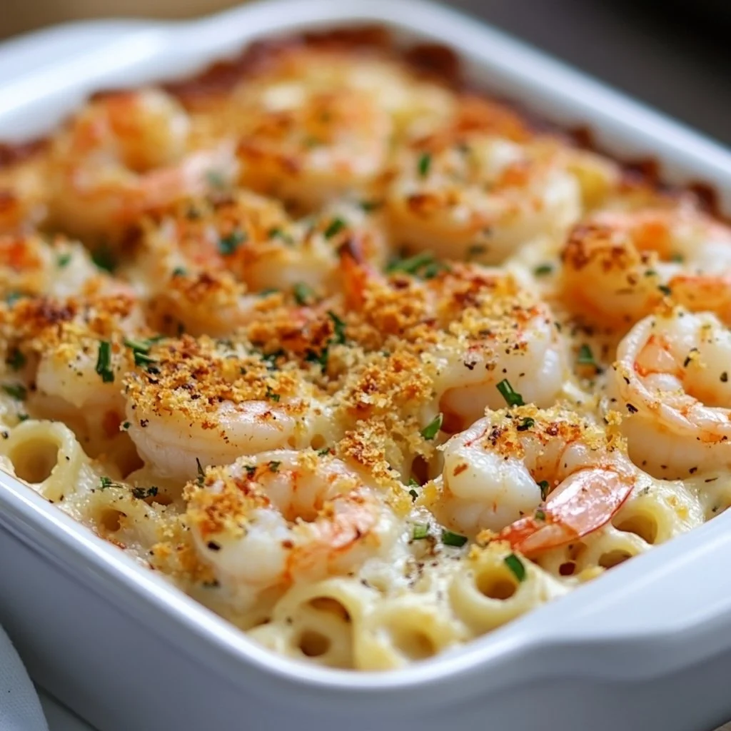 Delicious Shrimp Scampi Pasta Bake topped with garlic and breadcrumbs