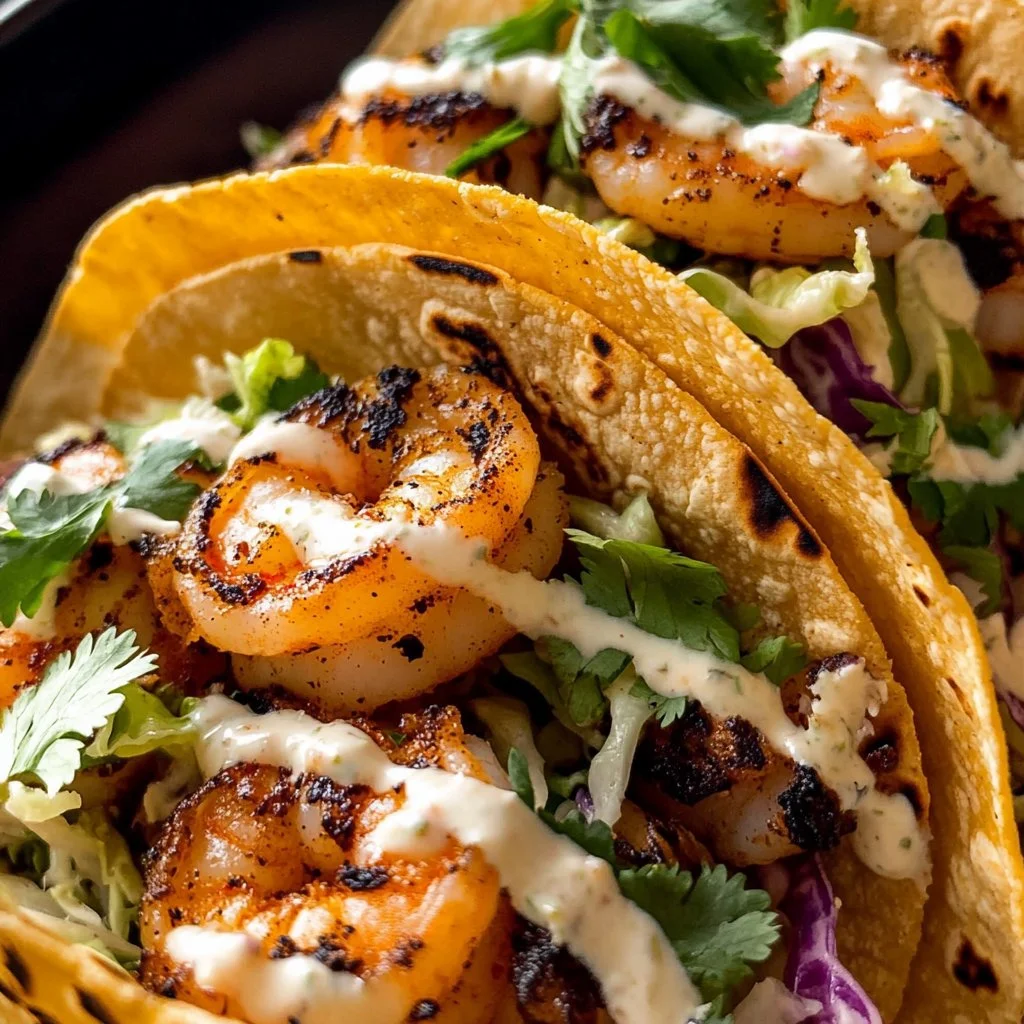 Delicious shrimp tacos topped with fresh vegetables and sauce