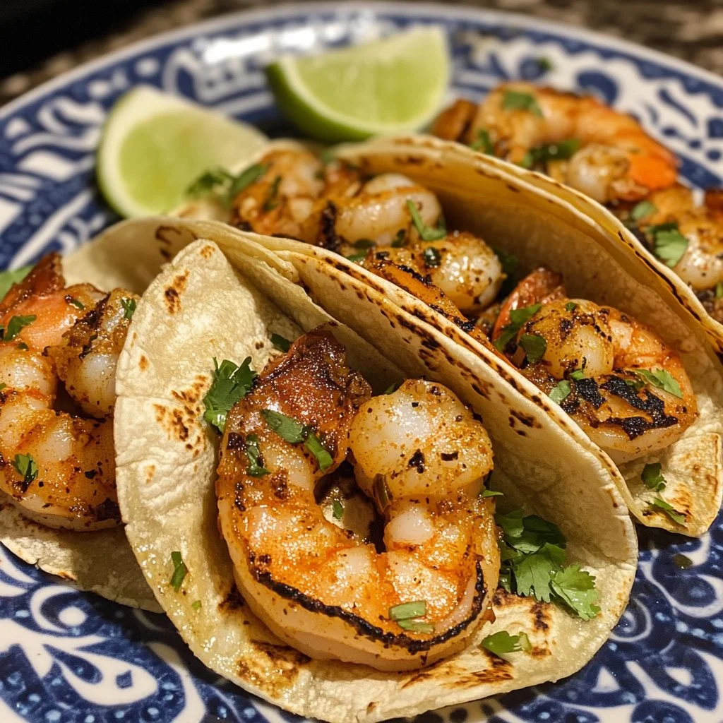 Delicious shrimp tacos served with fresh toppings in a vibrant setting.