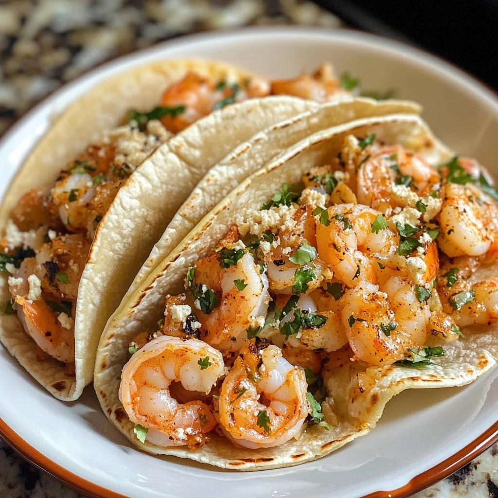 Delicious homemade shrimp tacos topped with fresh ingredients