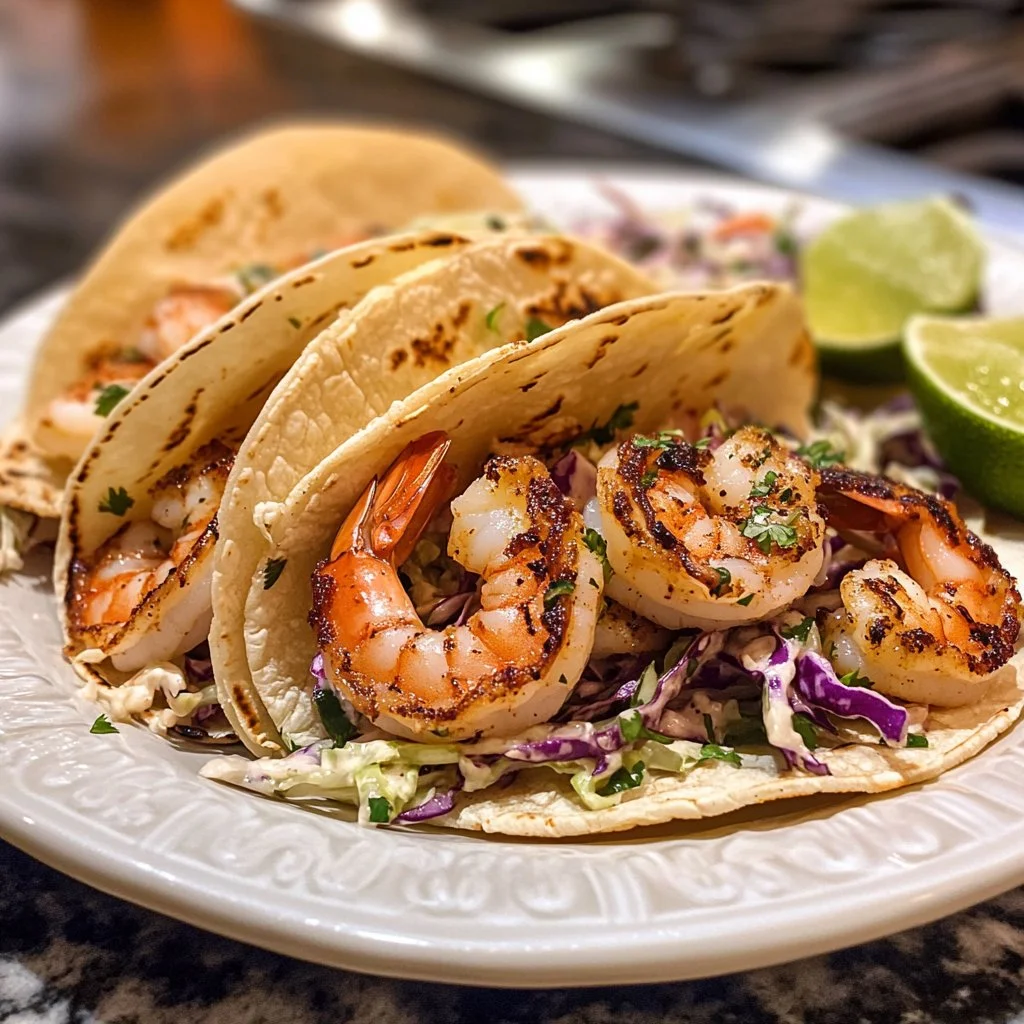 Delicious shrimp tacos with cilantro lime slaw served on a plate