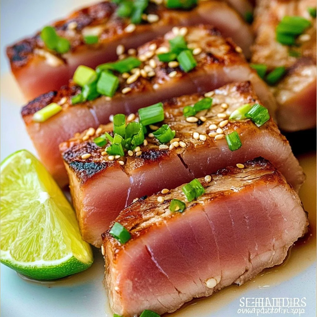 Perfectly seared ahi tuna steaks garnished with herbs and served on a plate.