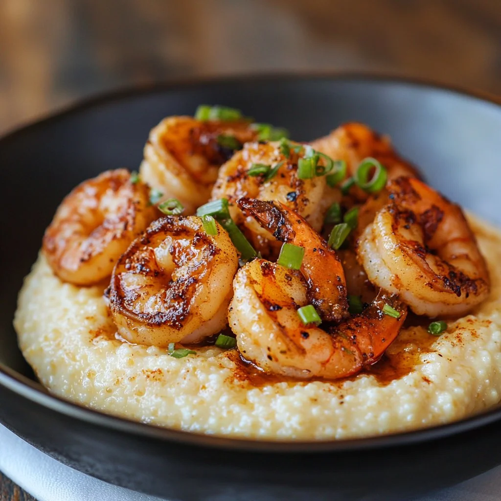 Delicious Southern shrimp and grits served in a bowl with a sprinkle of green onions.