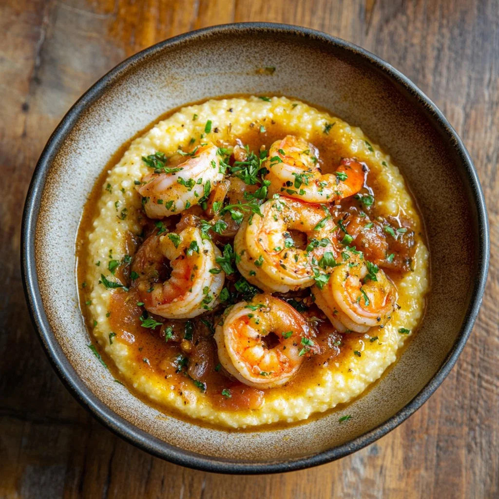 Delicious plate of Southern shrimp and grits topped with herbs