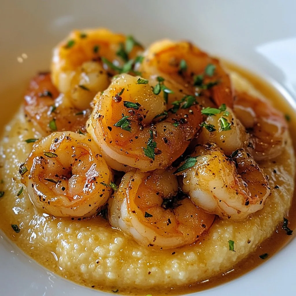 Delicious Southern shrimp and grits served in a bowl, garnished with parsley.