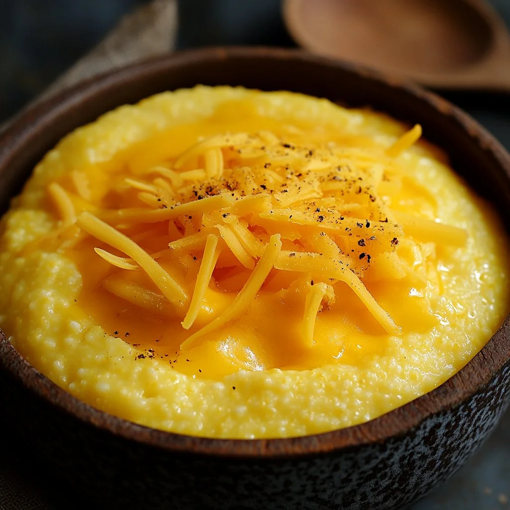 Bowl of Southern style cheesy grits topped with cheese and herbs
