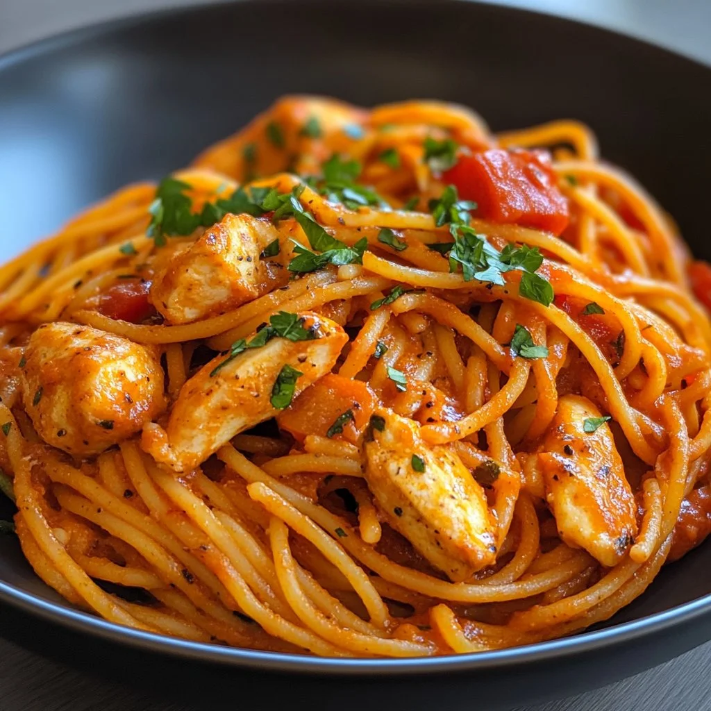 Plate of spicy salmon pasta garnished with herbs and chili flakes
