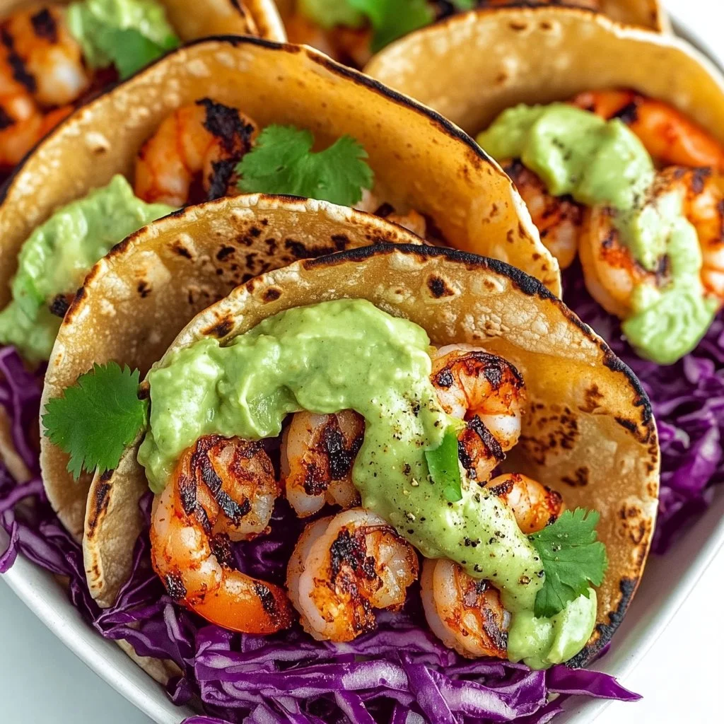 Delicious spicy shrimp tacos with avocado crema served on a plate.