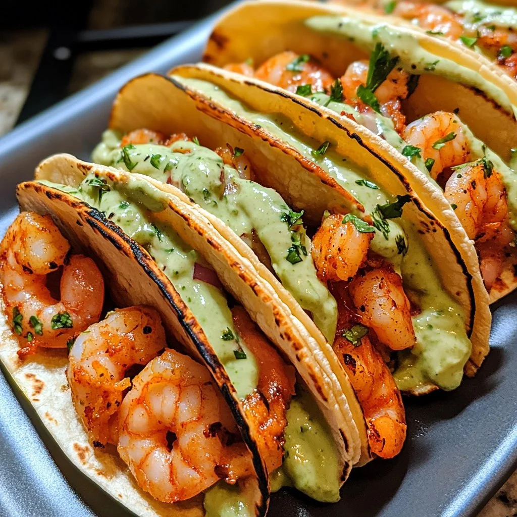 Spicy shrimp tacos with avocado crema served on a white plate.