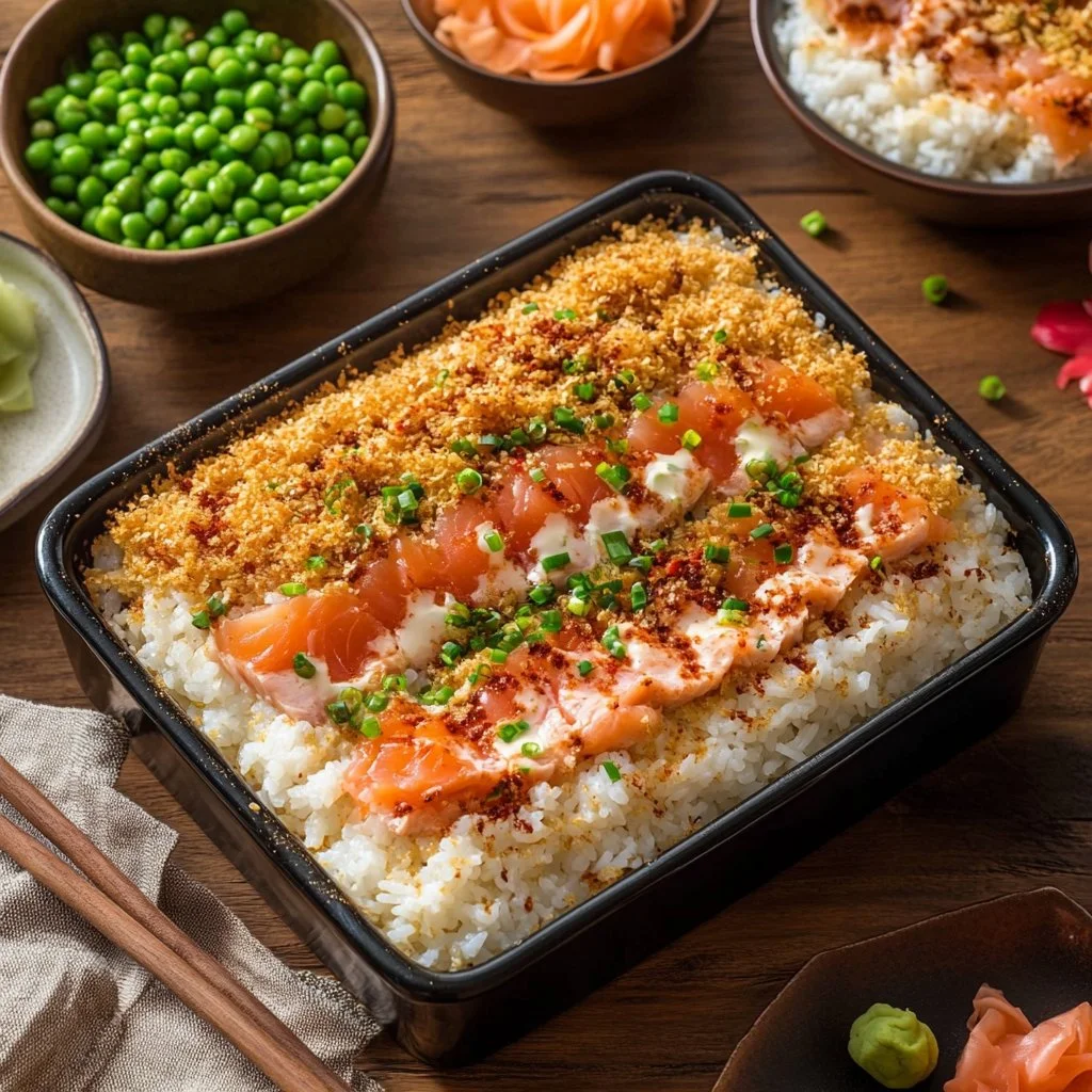 Baked dish featuring spicy tuna and creamy crab sushi bake topped with seaweed and garnish