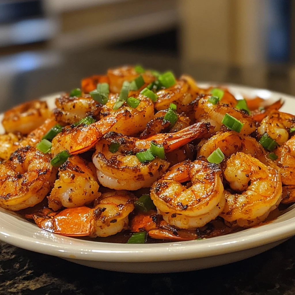 Plate of spicy voodoo shrimp with vibrant seasonings and garnishes