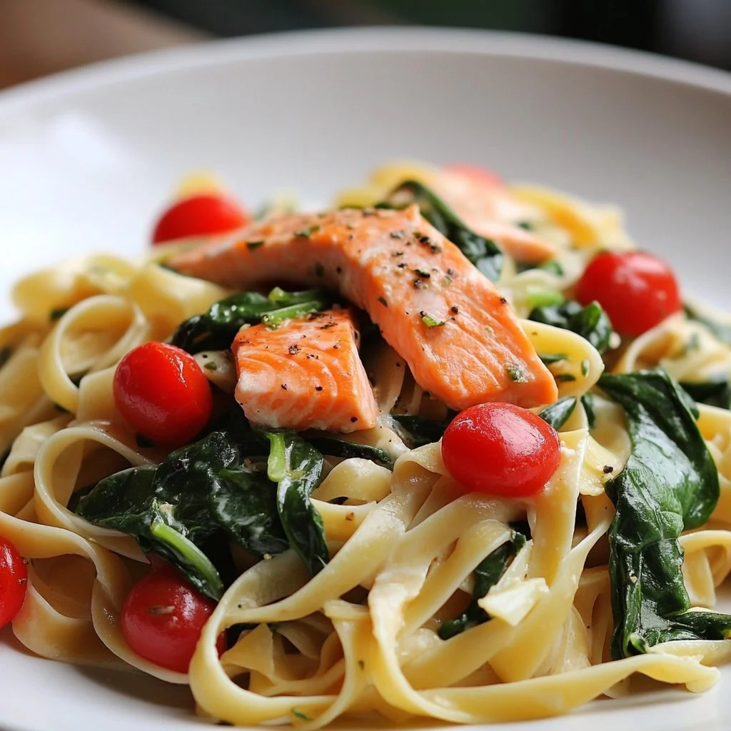 A delicious plate of Spinach Salmon Pasta garnished with fresh ingredients.