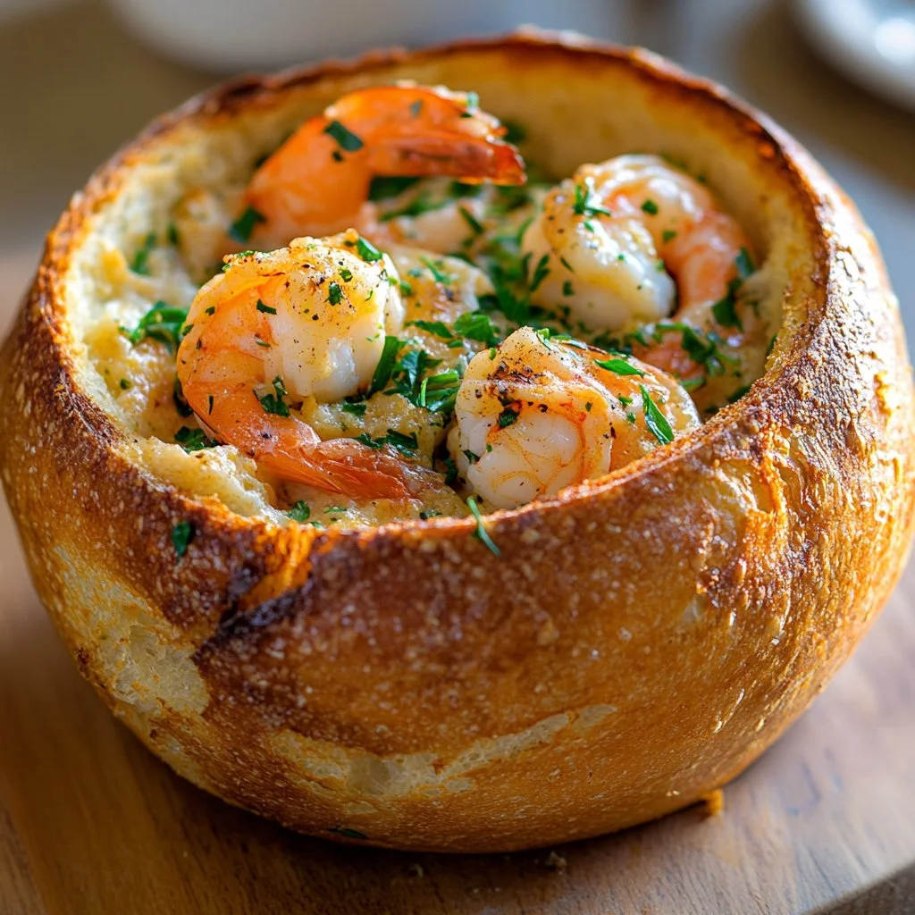 Delicious stuffed seafood bread bowl filled with fresh seafood and spices