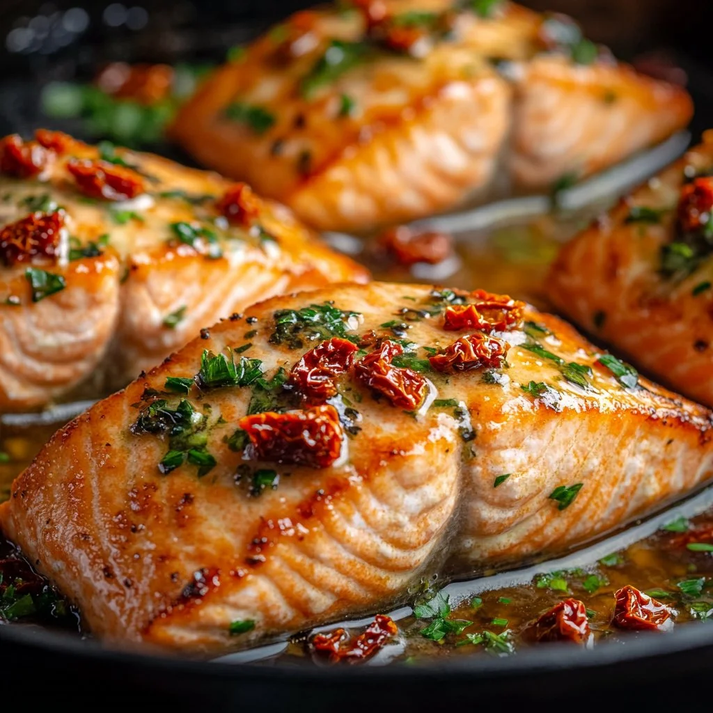 Plate of Sun Dried Tomato Salmon garnished with herbs
