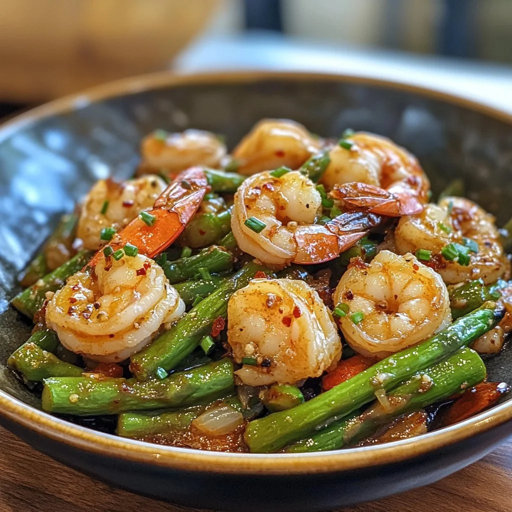 Sweet chili shrimp served with asparagus on a plate.