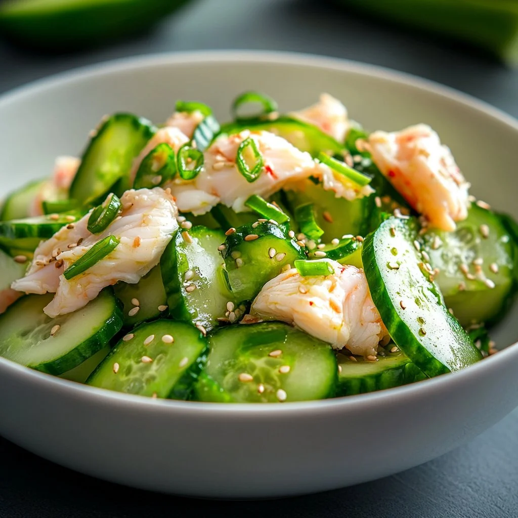 Delicious cucumber salad with crab meat served in a bowl