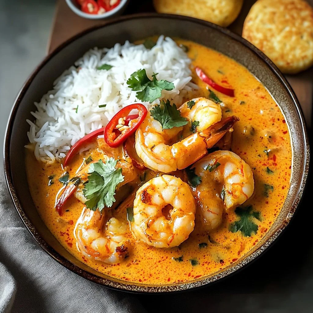 Bowl of flavorful Thai coconut shrimp curry with vibrant veggies and rice