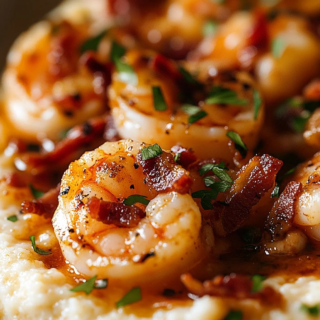 Delicious shrimp and grits served in a bowl, topped with fresh herbs