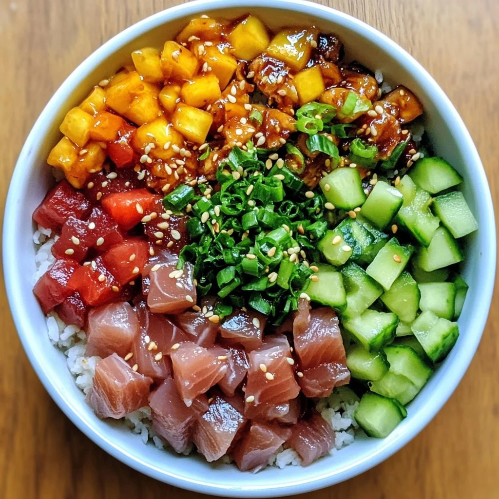Delicious Tuna Poke Bowl with fresh ingredients and colorful toppings