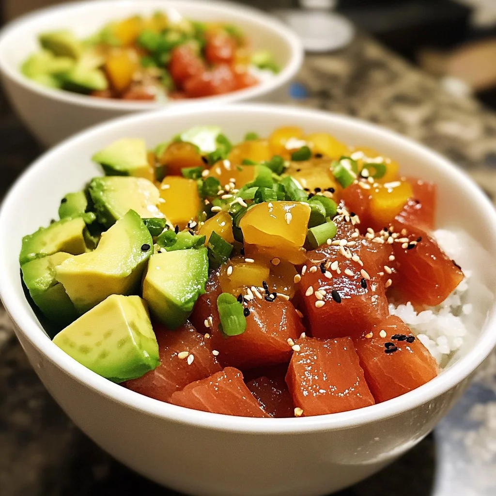Delicious Tuna Poke served in avocado bowls