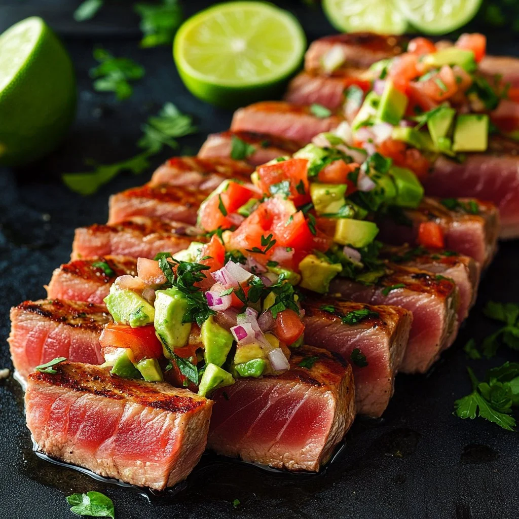 Grilled tuna steak topped with fresh avocado salsa on a plate
