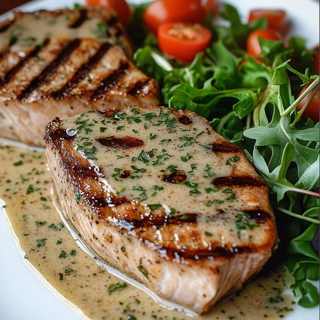 Tuna steaks garnished with creamy garlic sauce on a plate