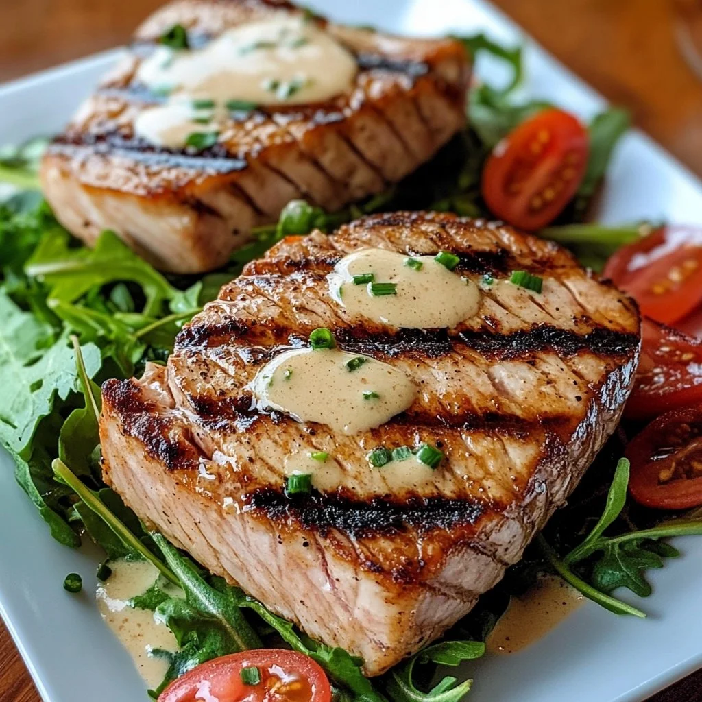 Tuna steaks served with creamy garlic sauce and a fresh salad
