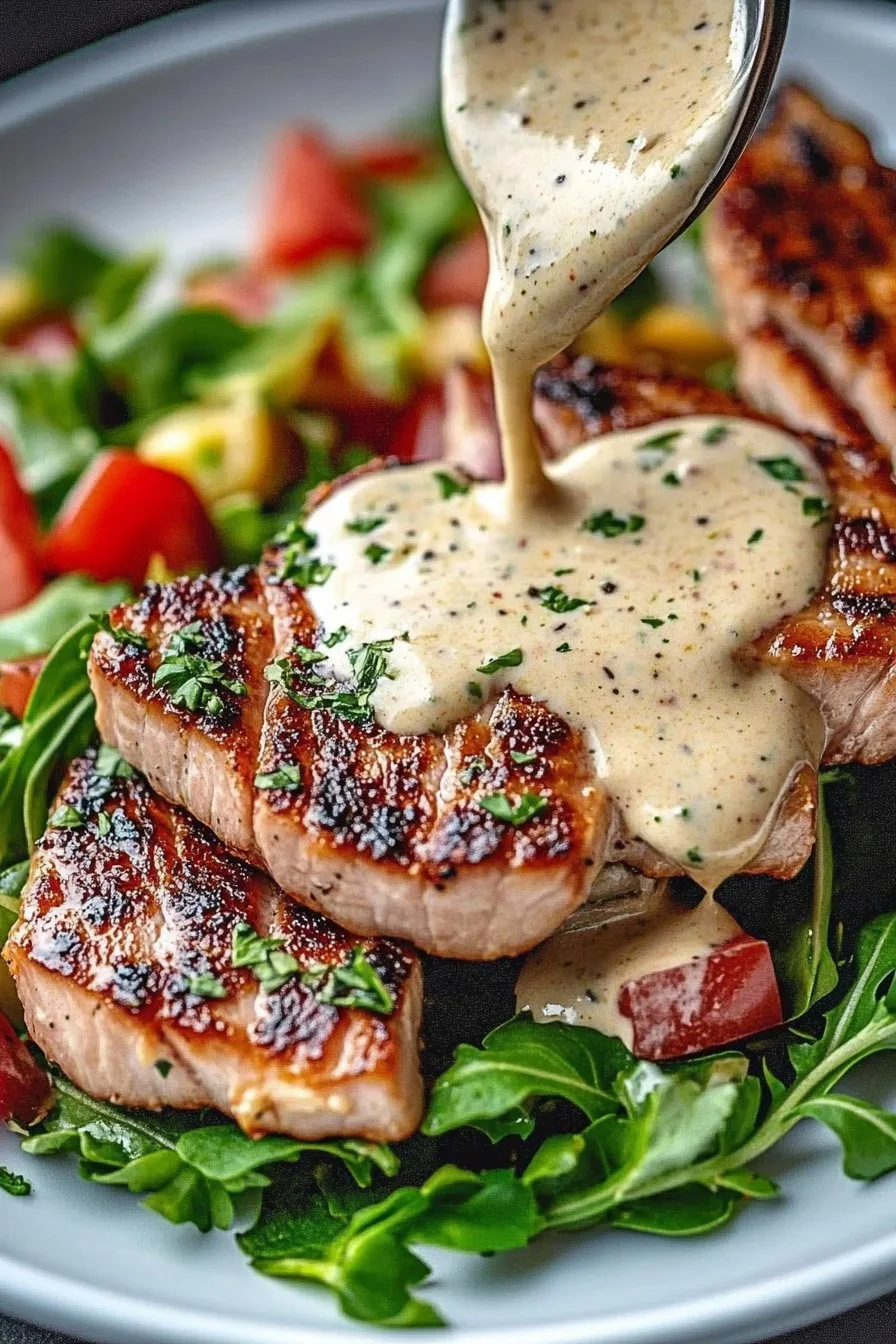 Tuna Steaks with Creamy Garlic Sauce & Salad