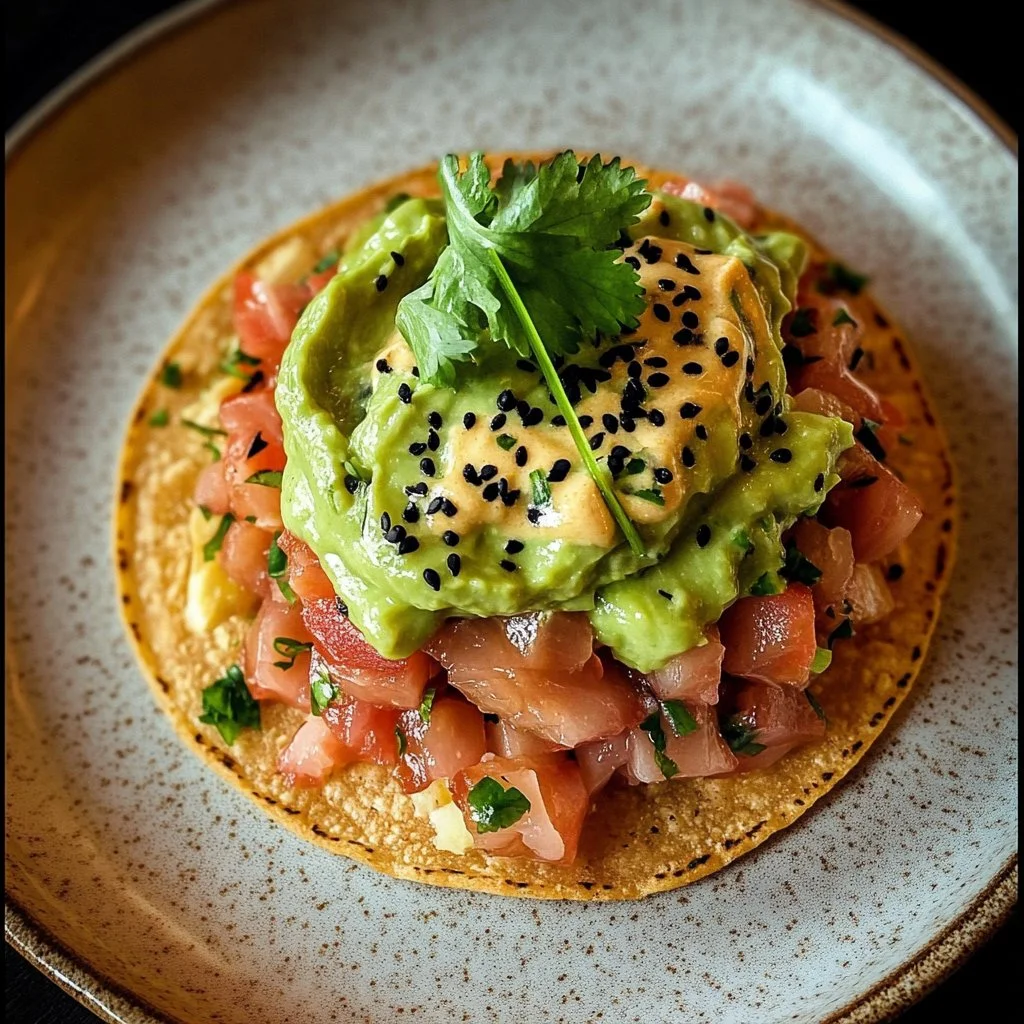Tuna Tartare Tostada topped with chipotle mayonnaise on a plate