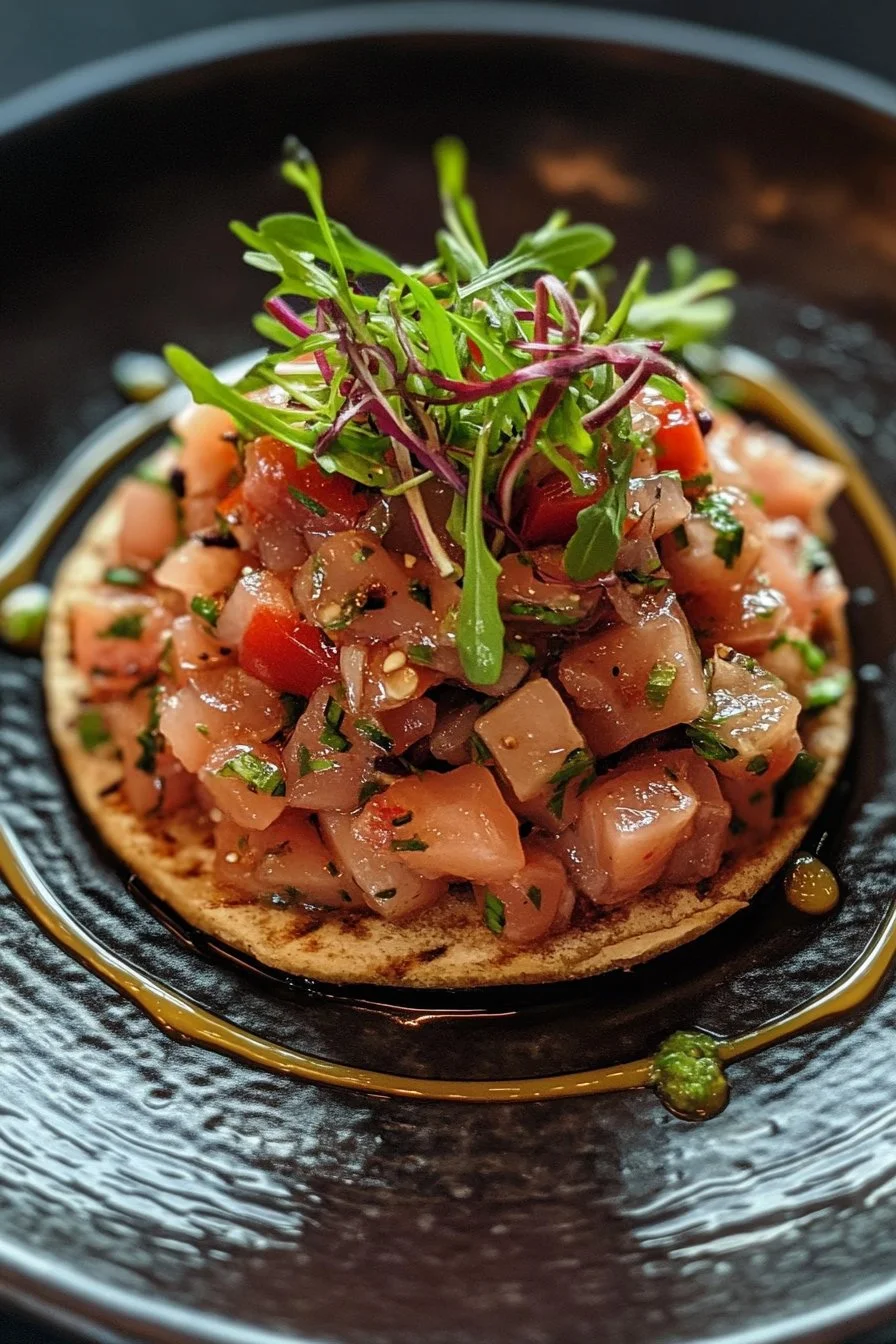 Tuna Tartare Tostada with Chipotle Mayonnaise