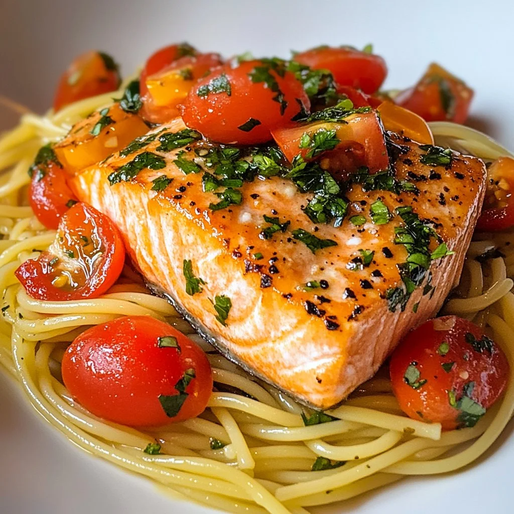 Delicious Tuscan Salmon served with fresh herbs and vegetables