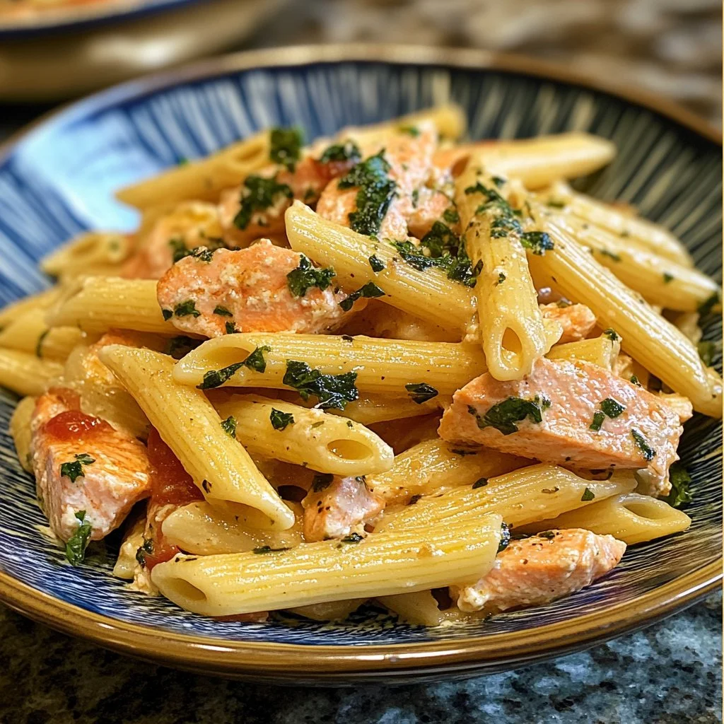 Delicious bowl of Tuscan Salmon Penne with salmon and herbs