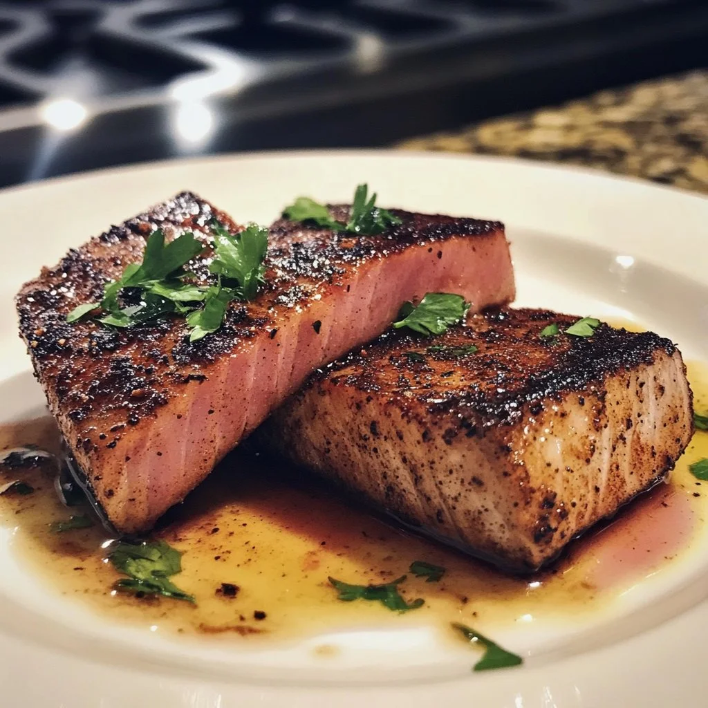 Delicious blackened tuna steak garnished with herbs and spices