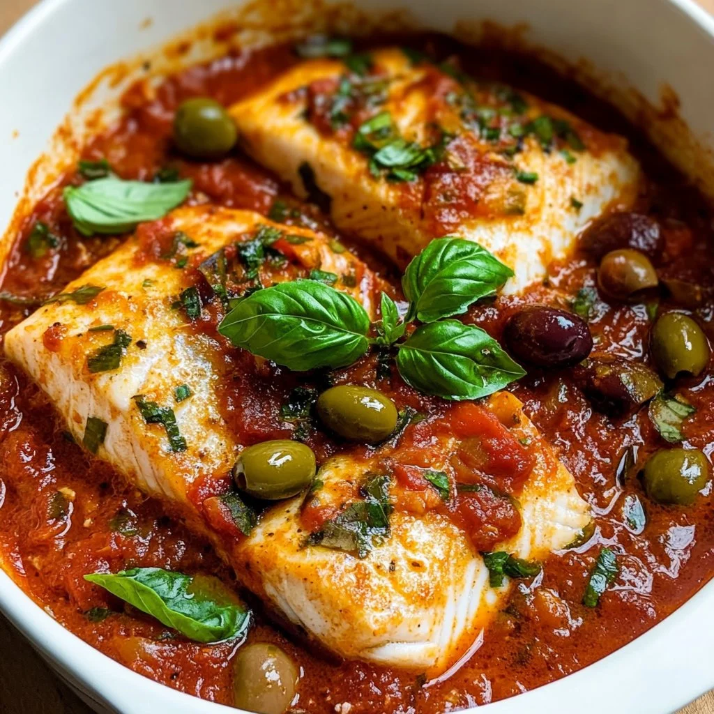 Plate of white fish puttanesca garnished with fresh herbs