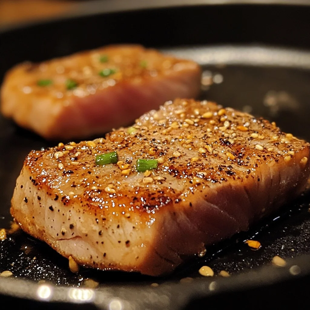 Zesty seared tuna steak garnished with fresh herbs