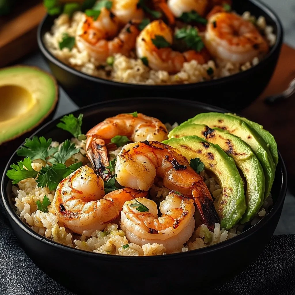 Zesty shrimp avocado rice bowls topped with fresh ingredients.