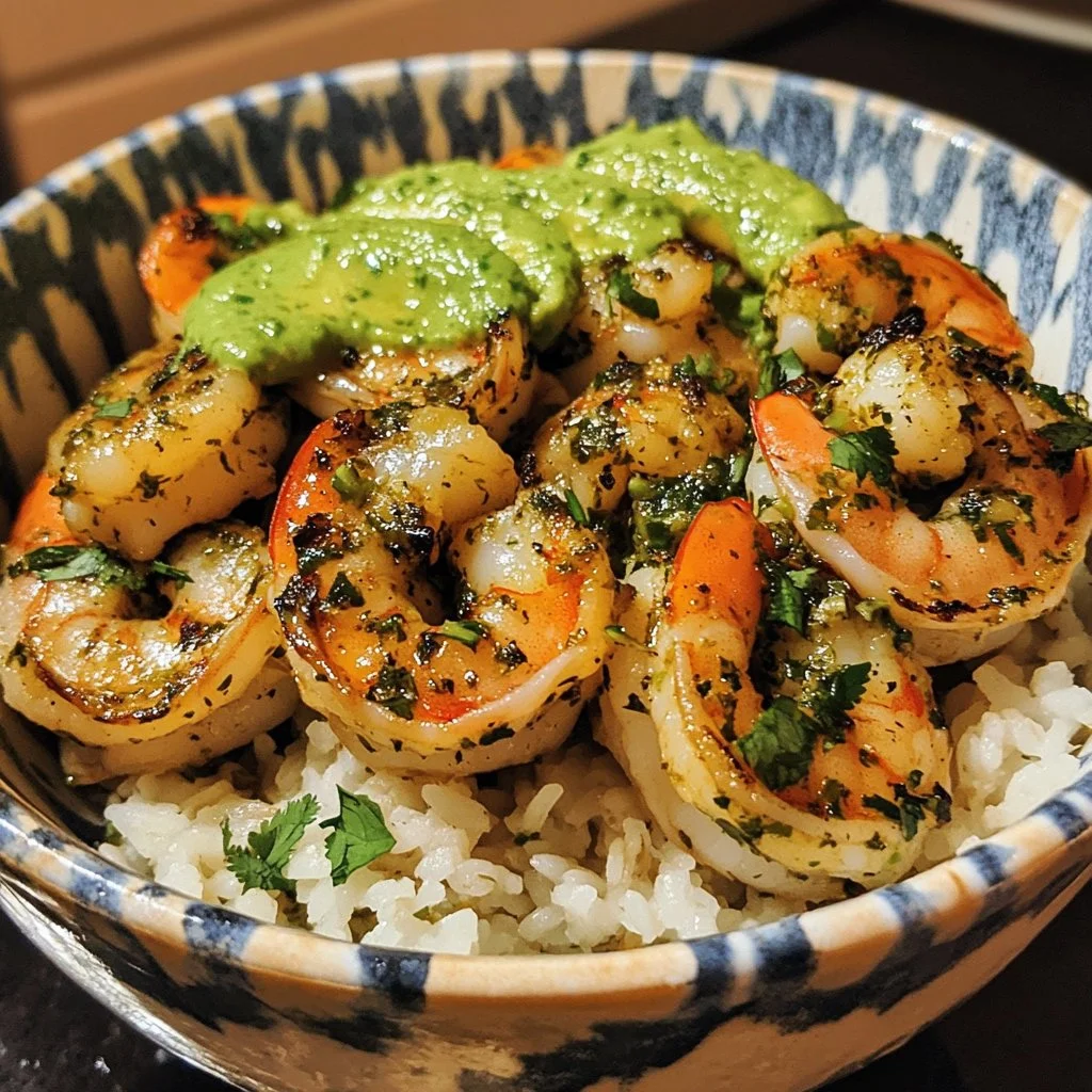 Zesty shrimp avocado rice bowls topped with fresh ingredients and spices
