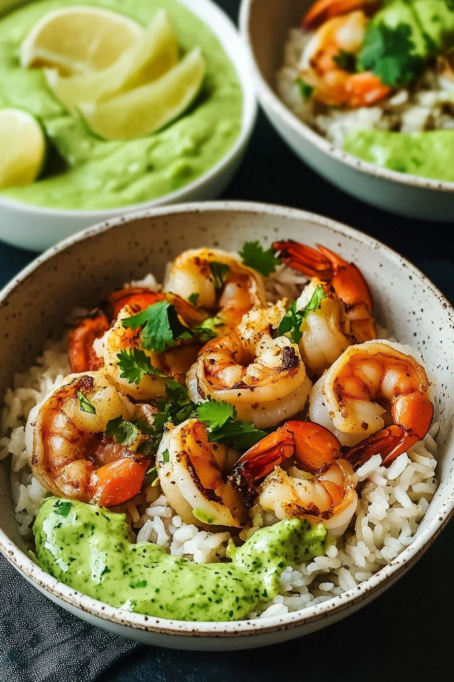 Zesty Shrimp & Avocado Rice Bowls with Cilantro Lime Sauce