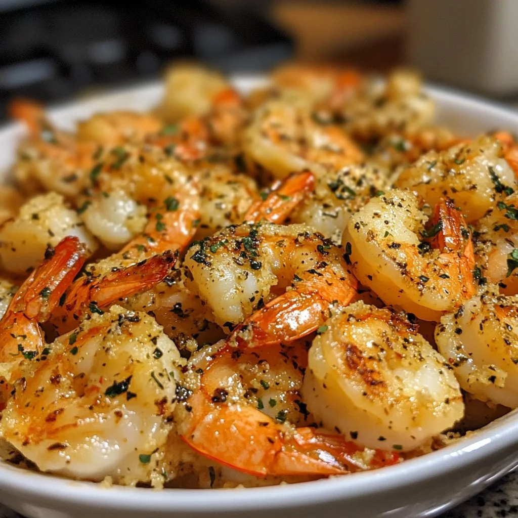 Air Fryer Garlic Parmesan Shrimp served with herbs and lemon wedges