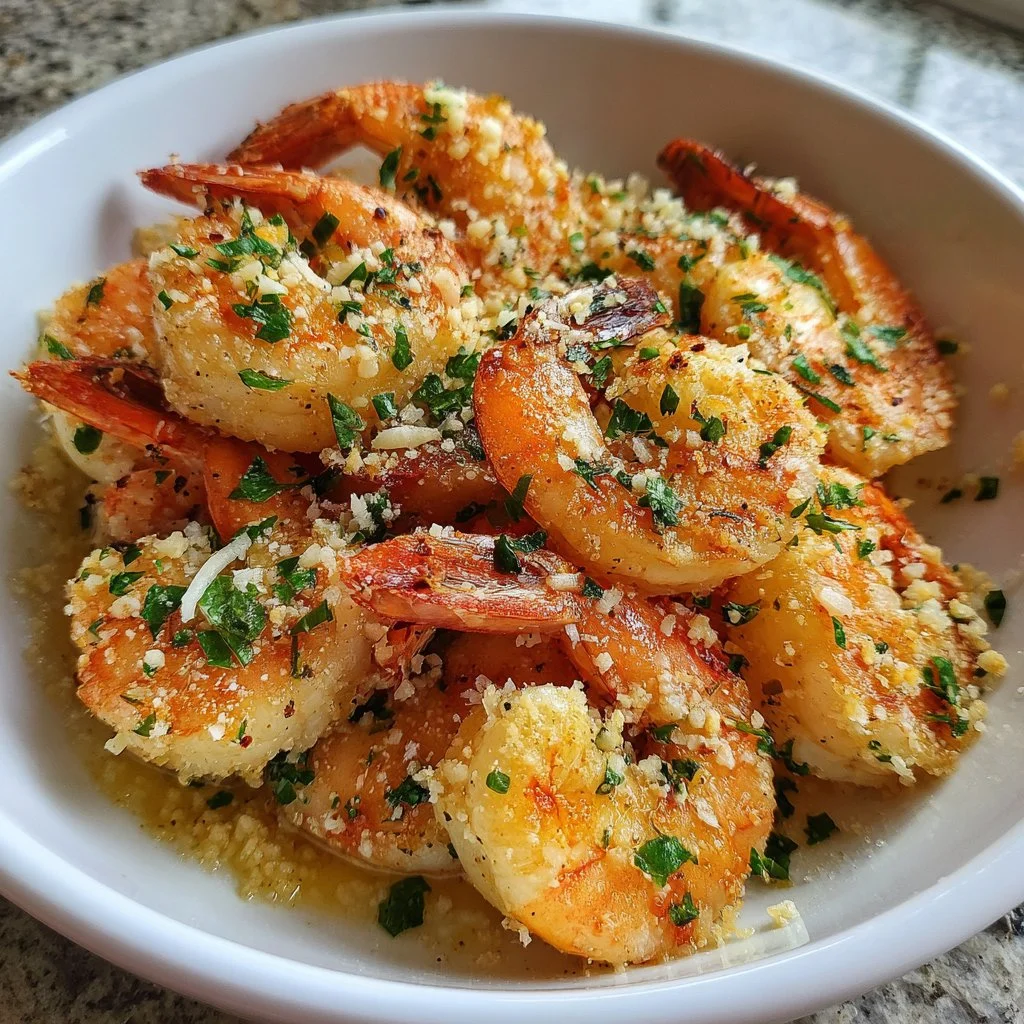 Plate of Air Fryer Garlic Parmesan Shrimp with herbs and lemon.