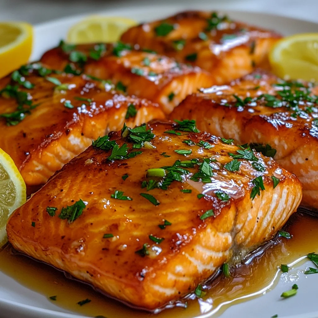 Air Fryer Honey Garlic Salmon ready to serve with vibrant garnish.