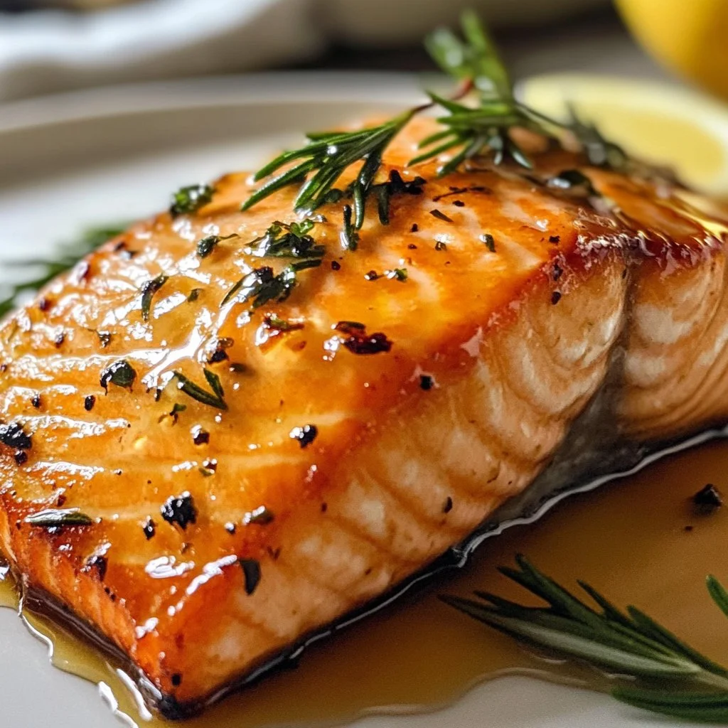 Air Fryer Honey Glazed Salmon fillet with a shiny glaze and fresh herbs