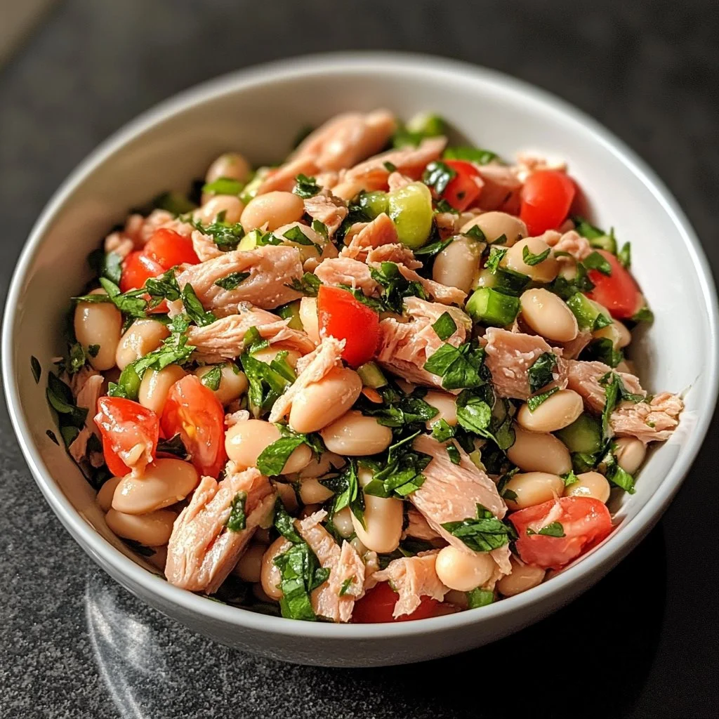 Amazing Tuna and White Bean Salad topped with fresh herbs and spices