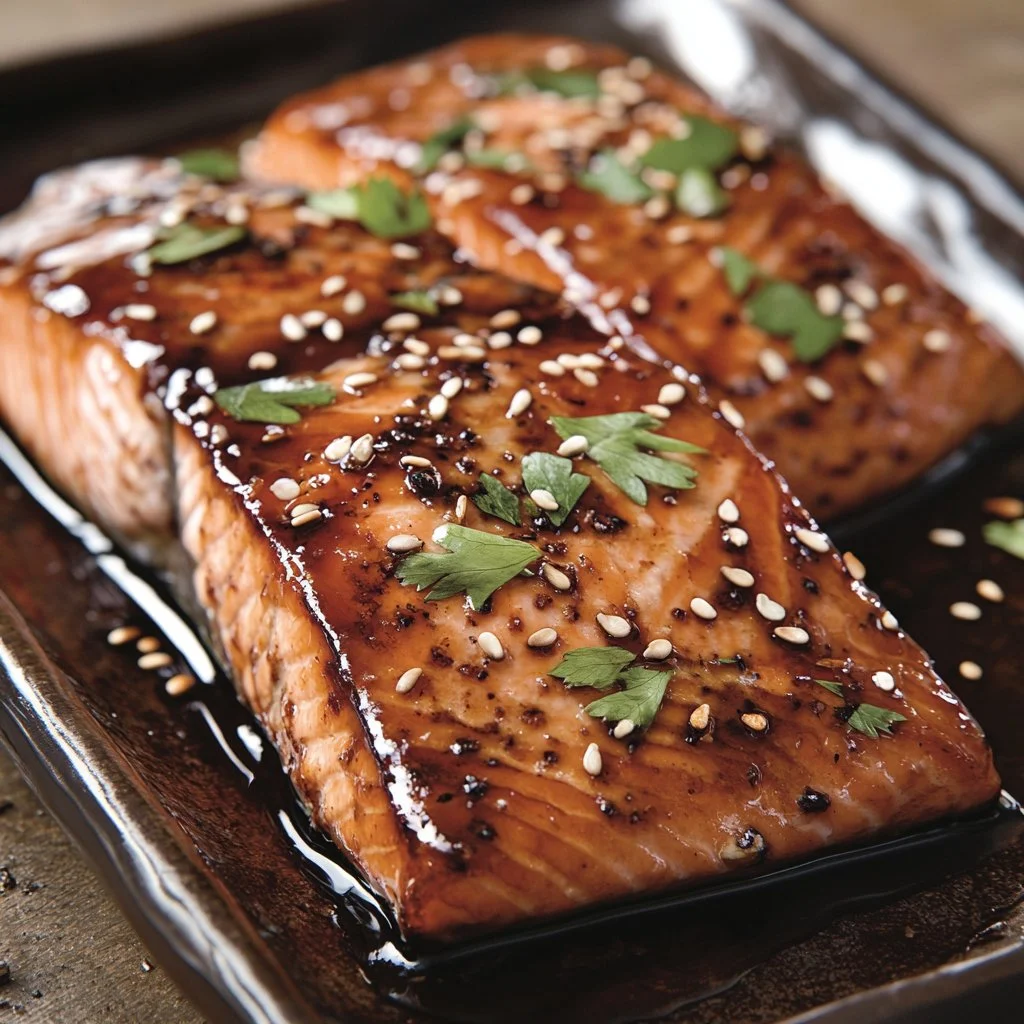 Delicious Asian Glazed Salmon served with garnishes and side vegetables