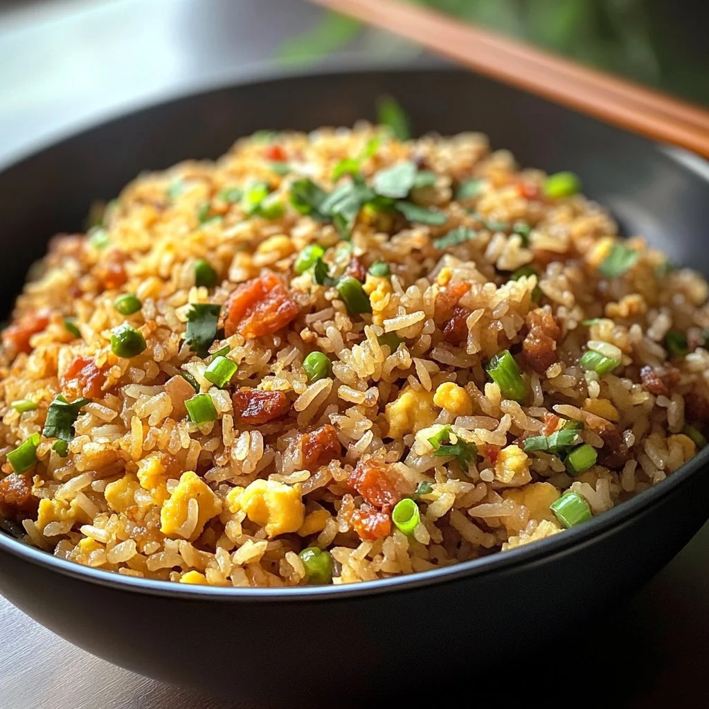 Bowl of Asian restaurant-inspired fried rice garnished with vegetables and herbs