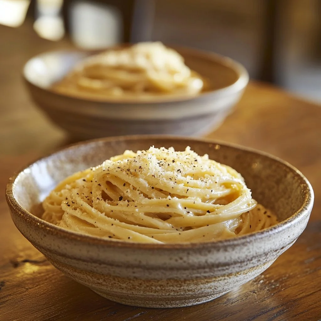 Plate of authentic Cacio e Pepe pasta topped with freshly grated pecorino cheese and black pepper